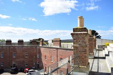 The panoramic views from the roof terrace which can be accessed by all residents.