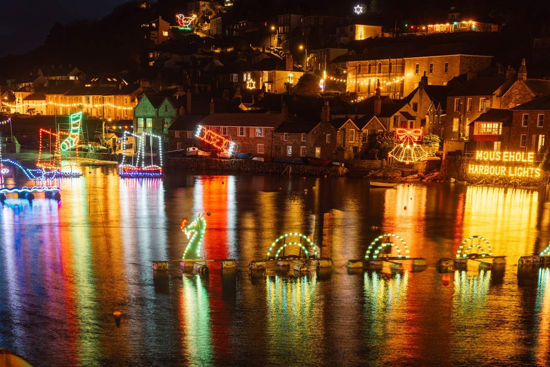 The beautiful Mousehole harbour Christmas lights.