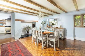 The beautiful, beamed dining-room.