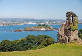 The folly on the Mount Edgcumbe Estate with views across Plymouth Sound and into the city. 