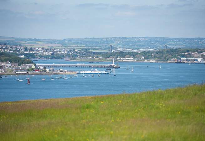 Views stretching over the River Tamar and out to sea, with the maritime city of Plymouth beyond and glimpses of Dartmoor in the distance.