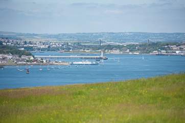 Views stretching over the River Tamar and out to sea, with the maritime city of Plymouth beyond and glimpses of Dartmoor in the distance