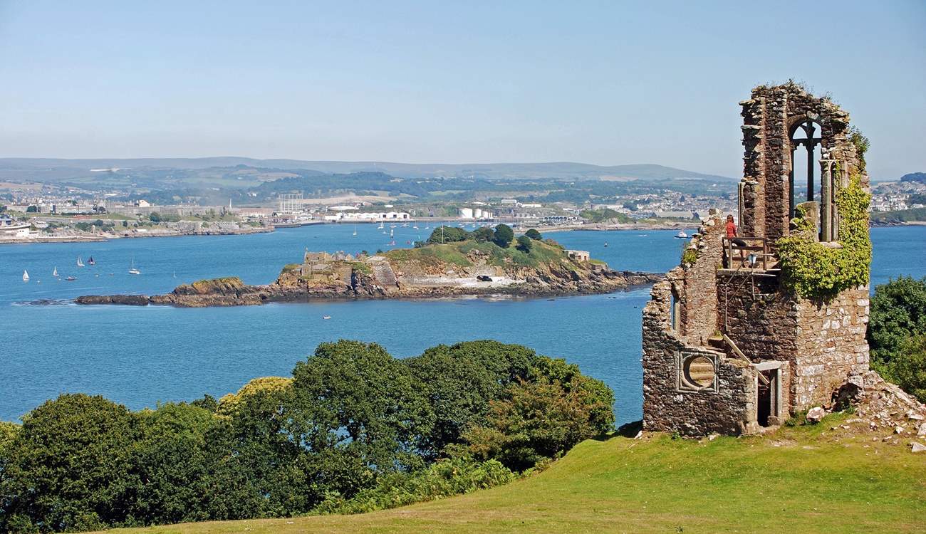 The folly on the Mount Edgcumbe Estate with views across Plymouth Sound and into the city. 