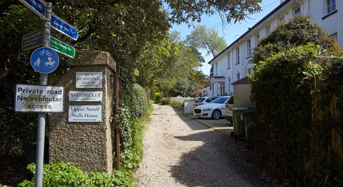 The private unmade lane leading to number Old Bembridge House.