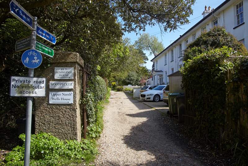 The private unmade lane leading to number Old Bembridge House.