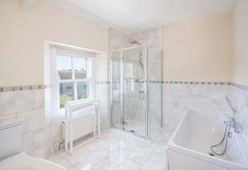 The family bathroom, on the second floor, has a bath and a separate walk-in shower.