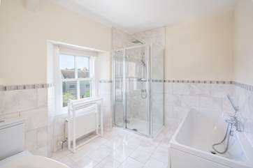 The family bathroom, on the second floor, has a bath and a separate walk-in shower.