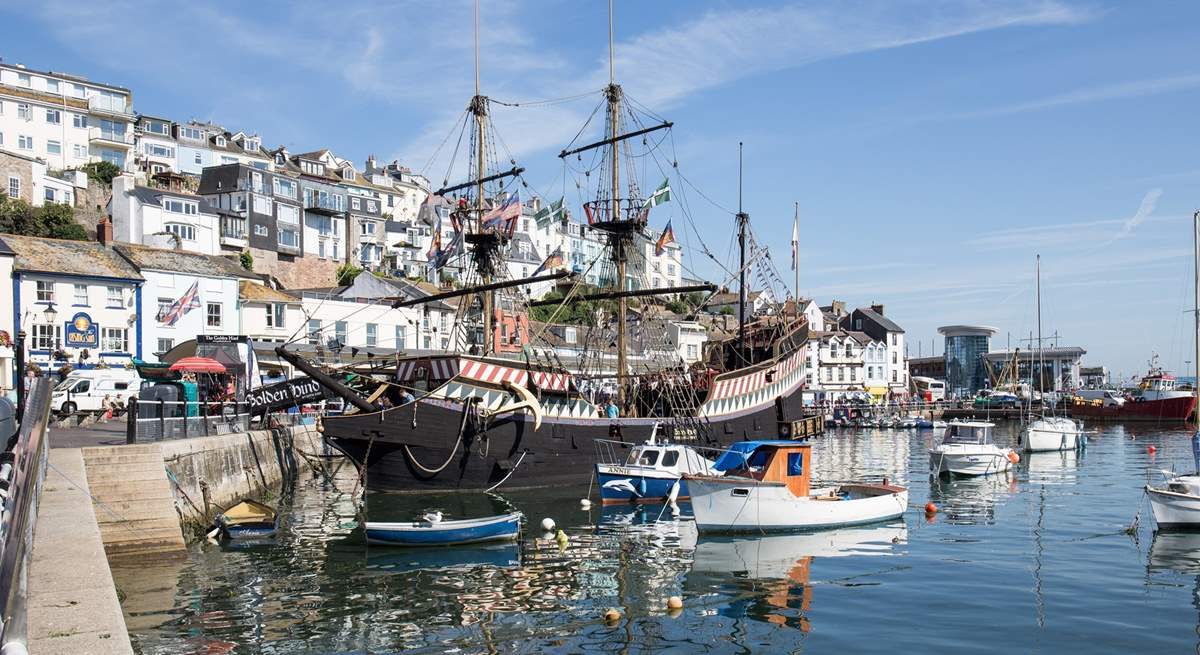 The Golden Hind floats proudly in bustling Brixham harbour.