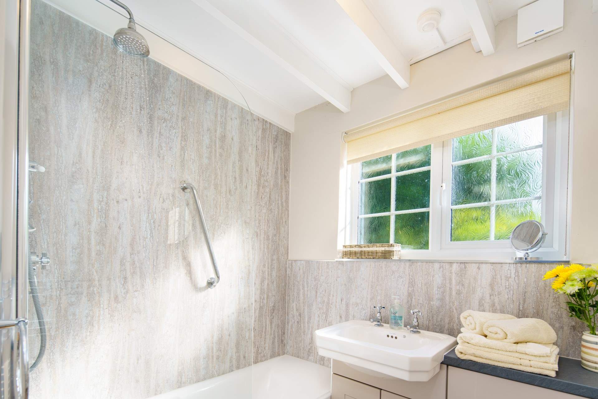 Beamed family bathroom. Take your pick, shower or leisurely bath. 