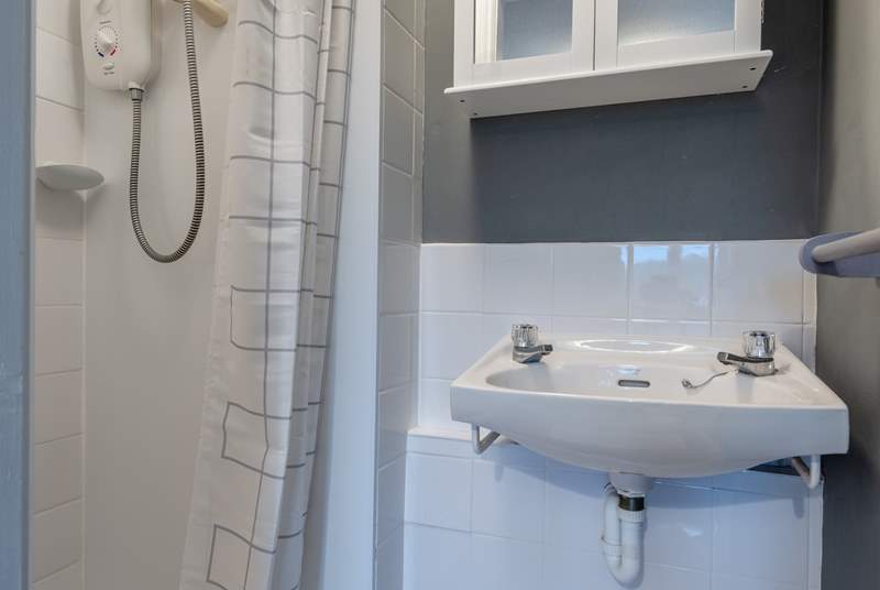 The twin room's en suite has a shower and sink.