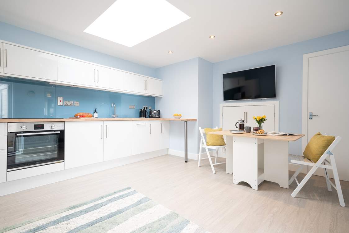 The gorgeous living space is light and bright.