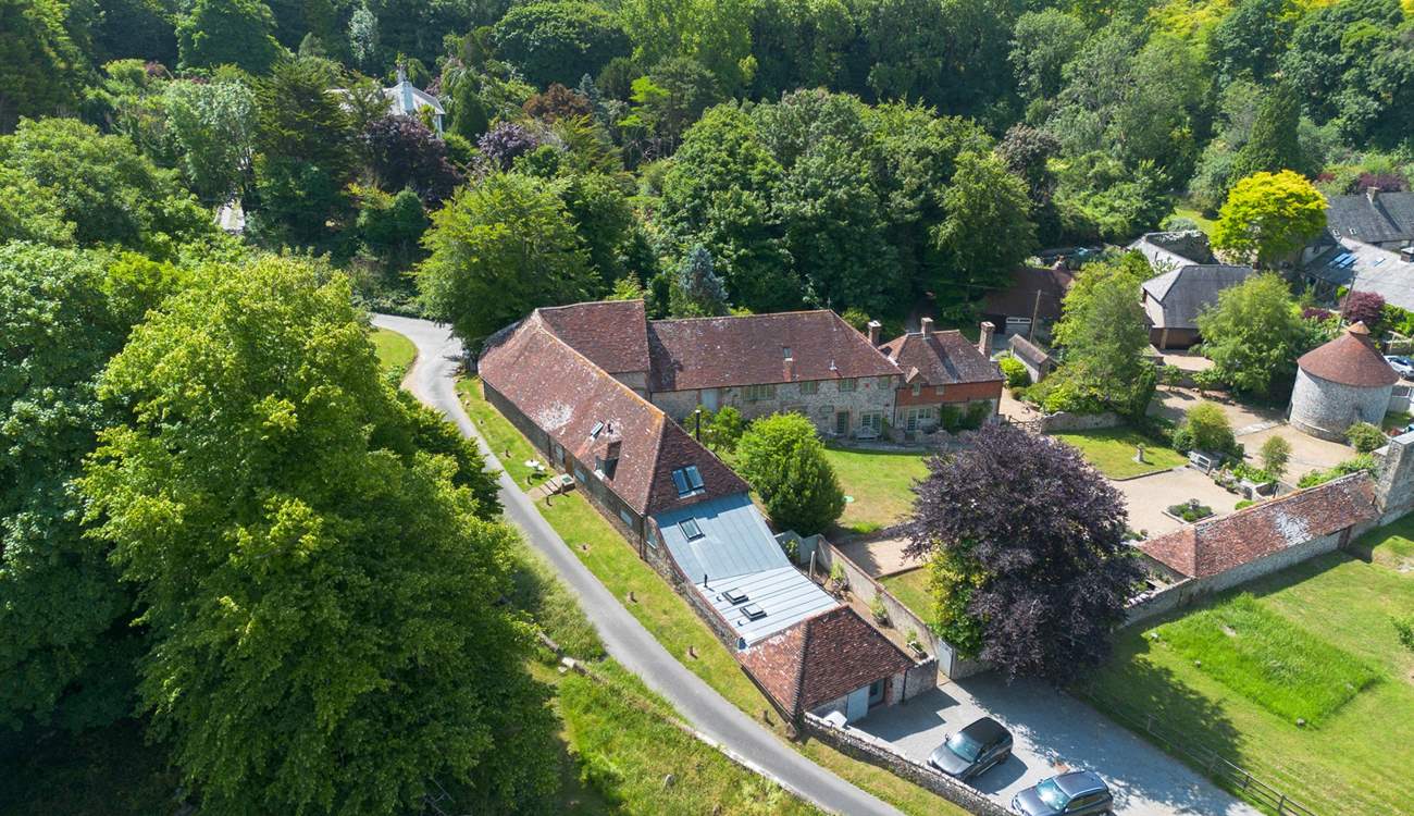 An aerial view of Quebec Barn and its beautiful surroundings.