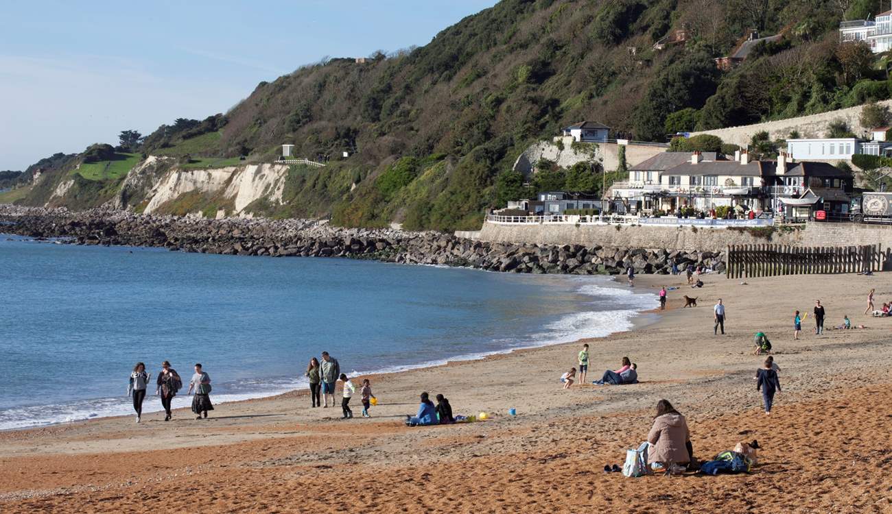 Ventnor beach is a popular place for sunbathing and swimming. 