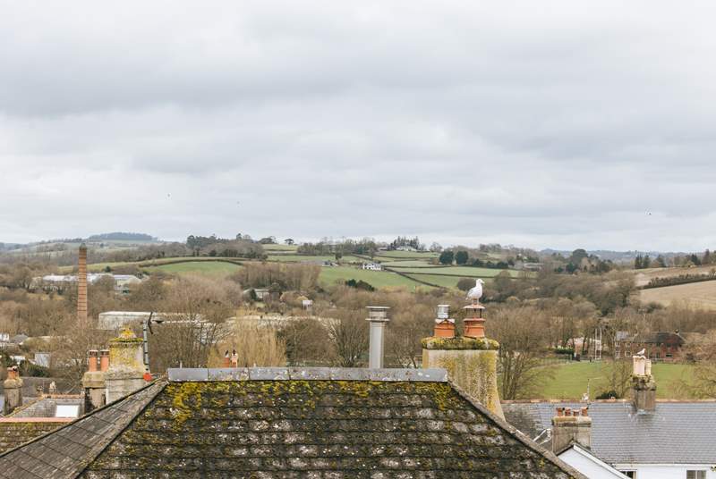 The view out of the living-room window. You can see out over Totnes and over the rolling countryside in the distance.