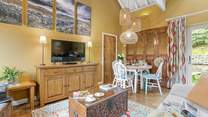 A comfortable living space with ornate furniture and features throughout.
