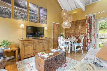 A comfortable living space with ornate furniture and features throughout.