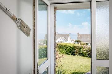 The front door leads to the lawn with views over Gerrans Bay,