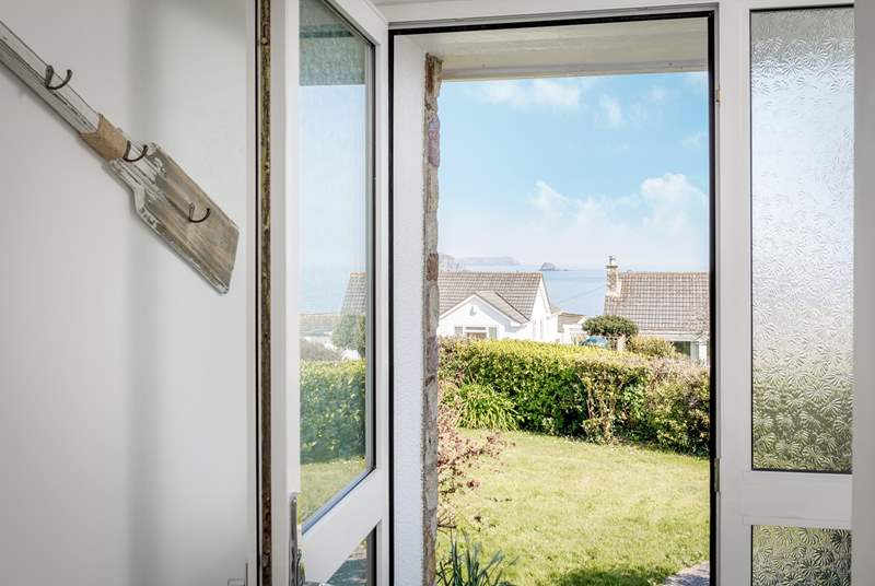 The front door leads to the lawn with views over Gerrans Bay,
