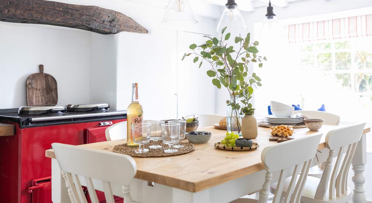 The kitchen has beautiful restored features which combine beautifully with modern lighting.