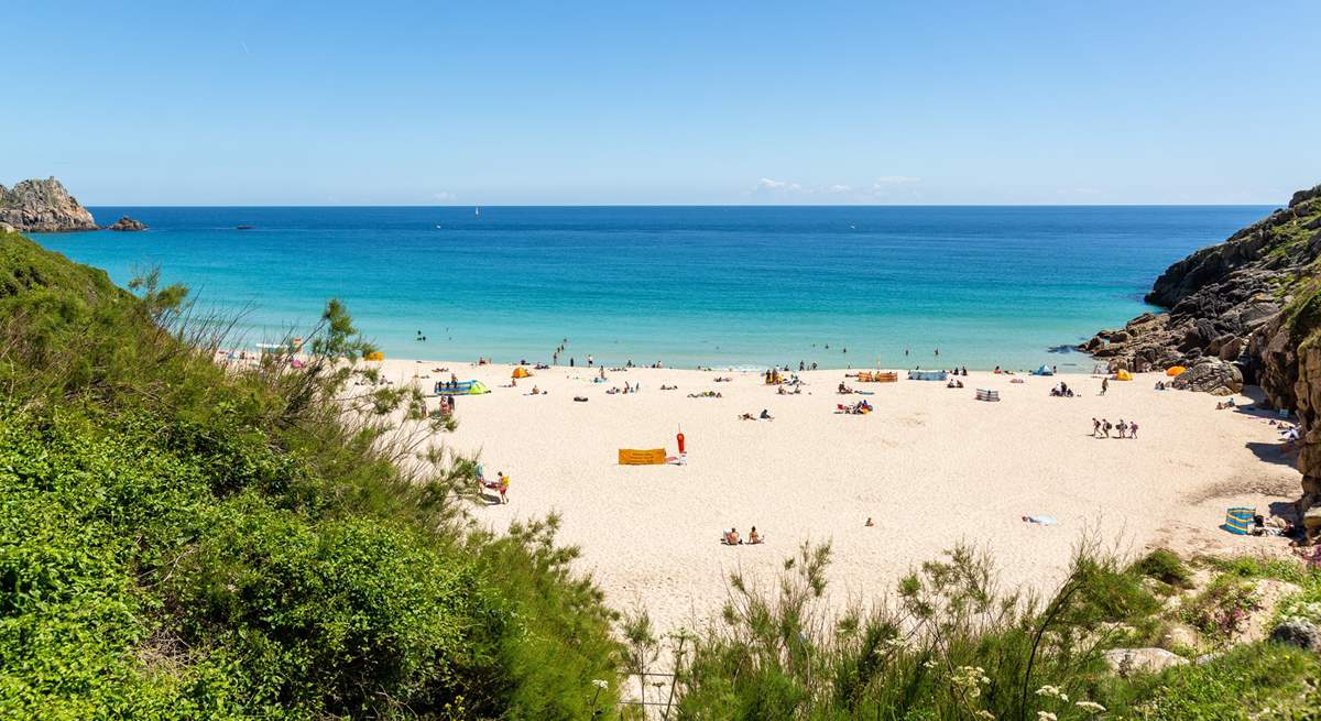 The white sand and sparkling waters of Porthcurno are within easy reach.