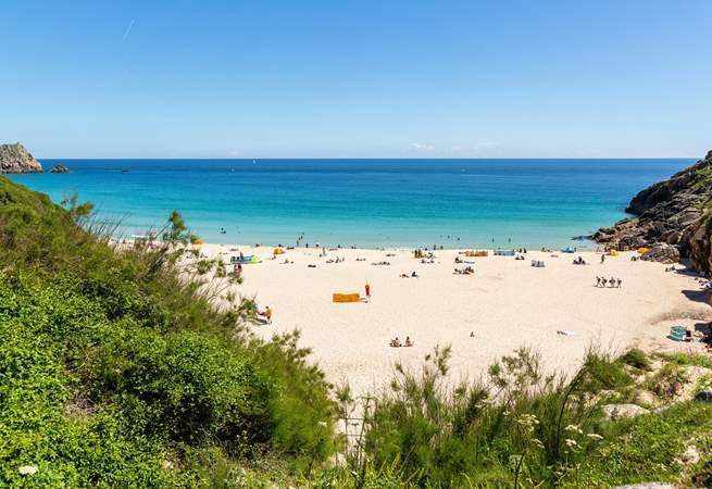 The white sand and sparkling waters of Porthcurno are within easy reach.