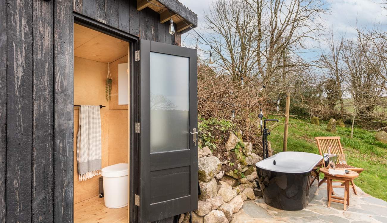 Your off-grid shower-room is situated in the neighbouring cabin and has an eco-friendly compost toilet as well as a shower and sink. 