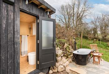 Your off-grid shower-room is situated in the neighbouring cabin and has an eco-friendly compost toilet as well as a shower and sink. 