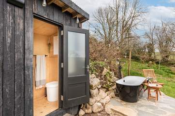 Your off-grid shower-room is situated in the neighbouring cabin and has an eco-friendly compost toilet as well as a shower and sink.