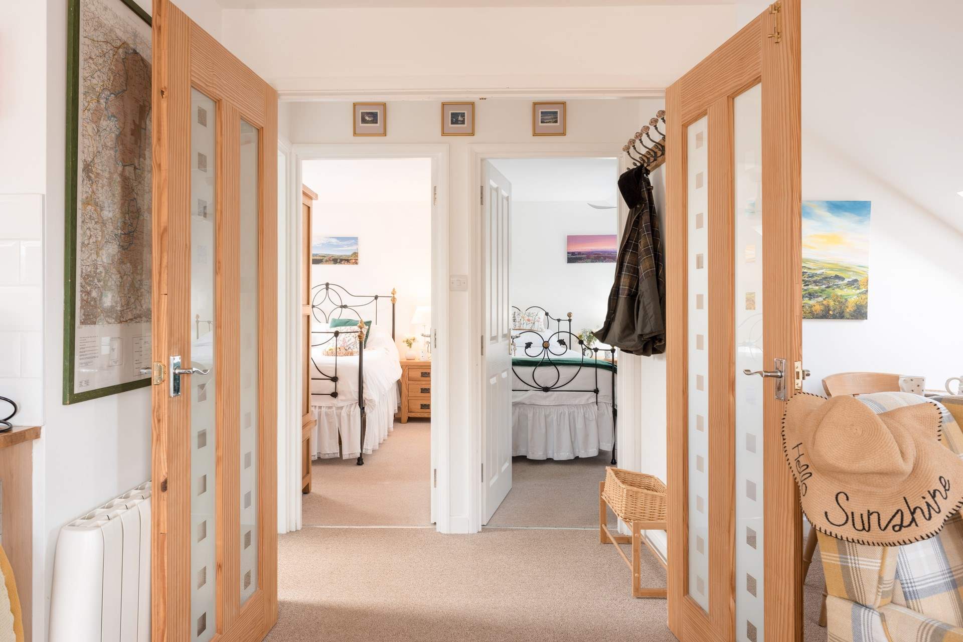 Head through the doors to find both bedroom and the shower room.