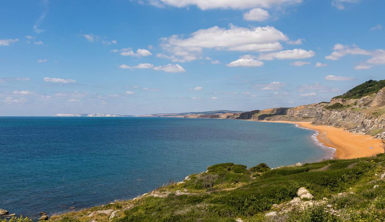 Looking towards Compton Bay. This stunning coastline often has perfect conditions for surfers and paragliders. The miles of beach are perfect for dog walkers.