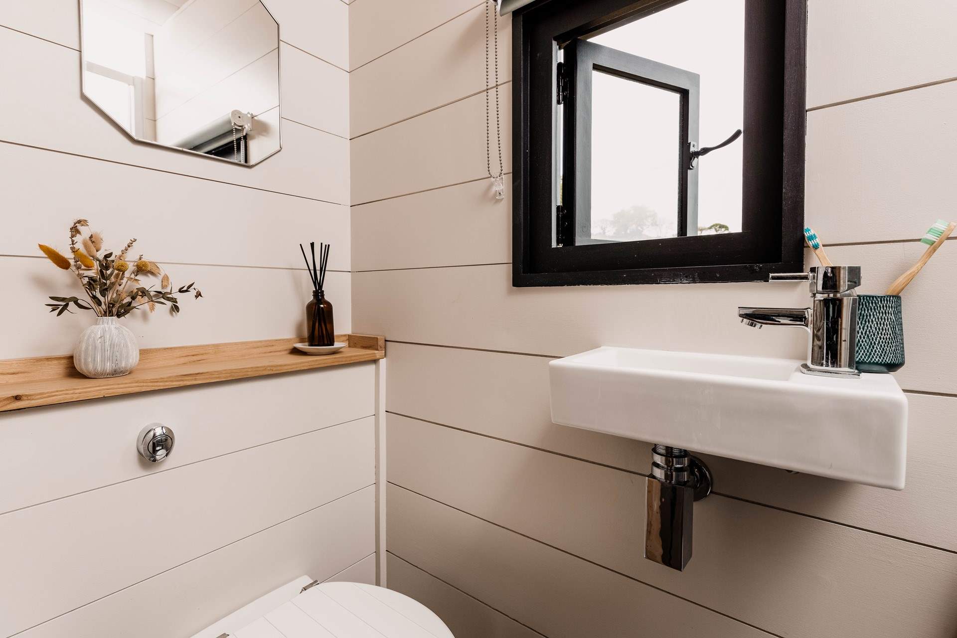 The shower-room is perfectly equipped for freshening up after a day on the water. 