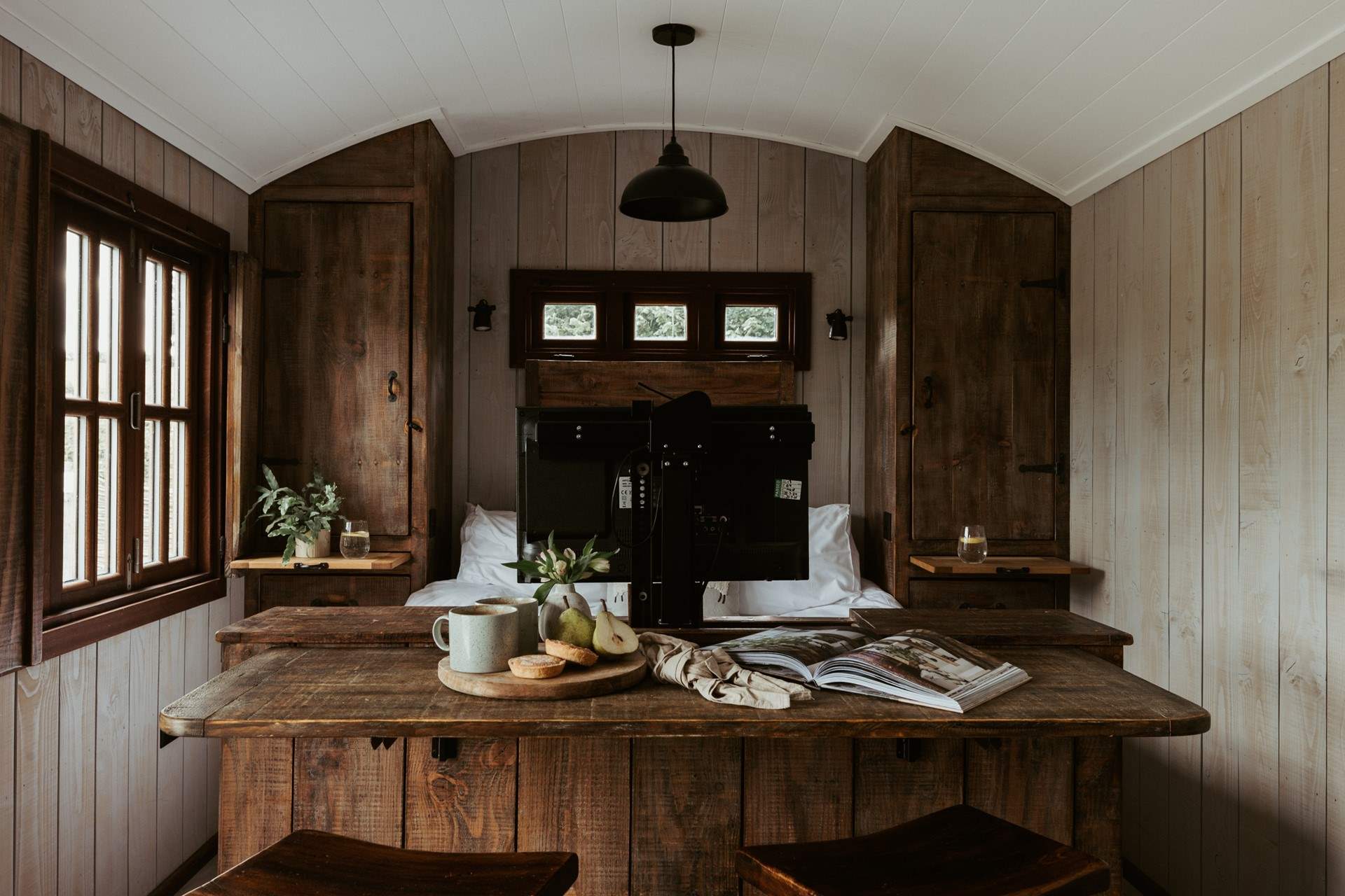 The hidden TV is at the end of the bed and only appears as and when you wish to use it. 