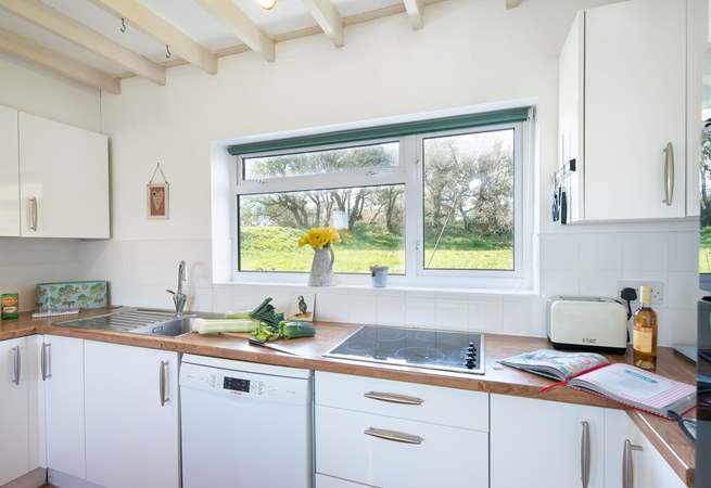 A well-equipped kitchen with a pretty view of the spacious garden. 