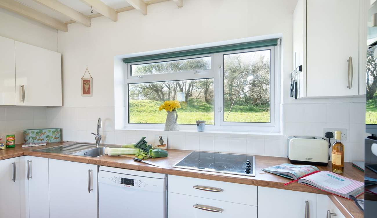 A well-equipped kitchen with a pretty view of the spacious garden. 