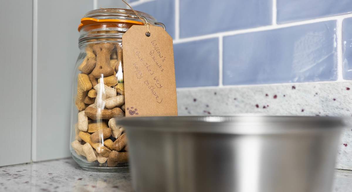 The owners' dog has very kindly offered to share her biscuits with your four-legged friend.