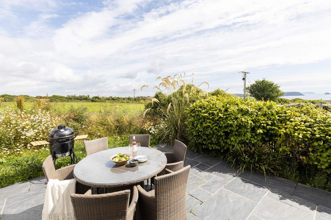 The secluded patio at the rear of Willow's Place overlooks a pretty meadow towards Gull rock and beyond.