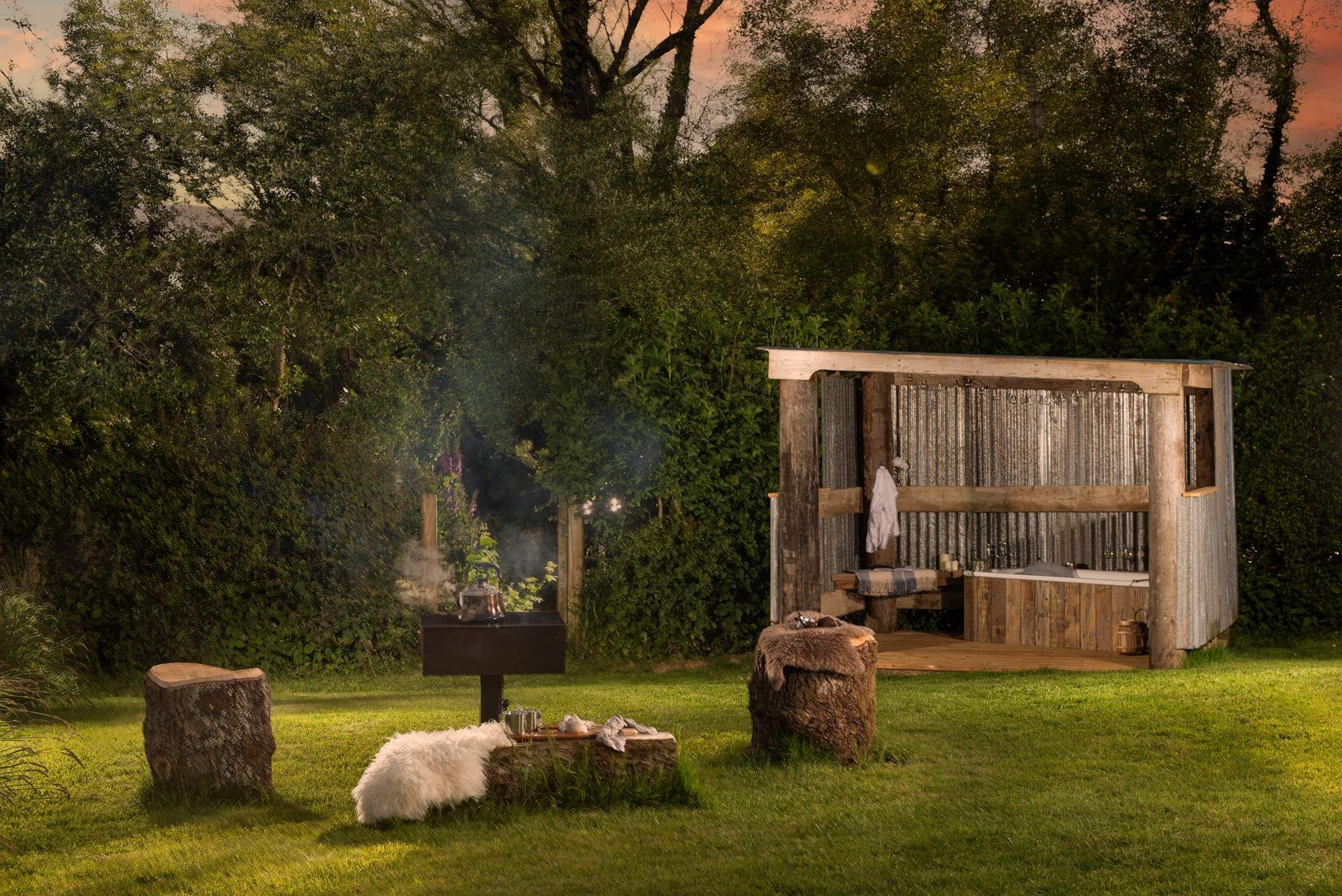 Retreat to the outdoor bath after a day of adventures.