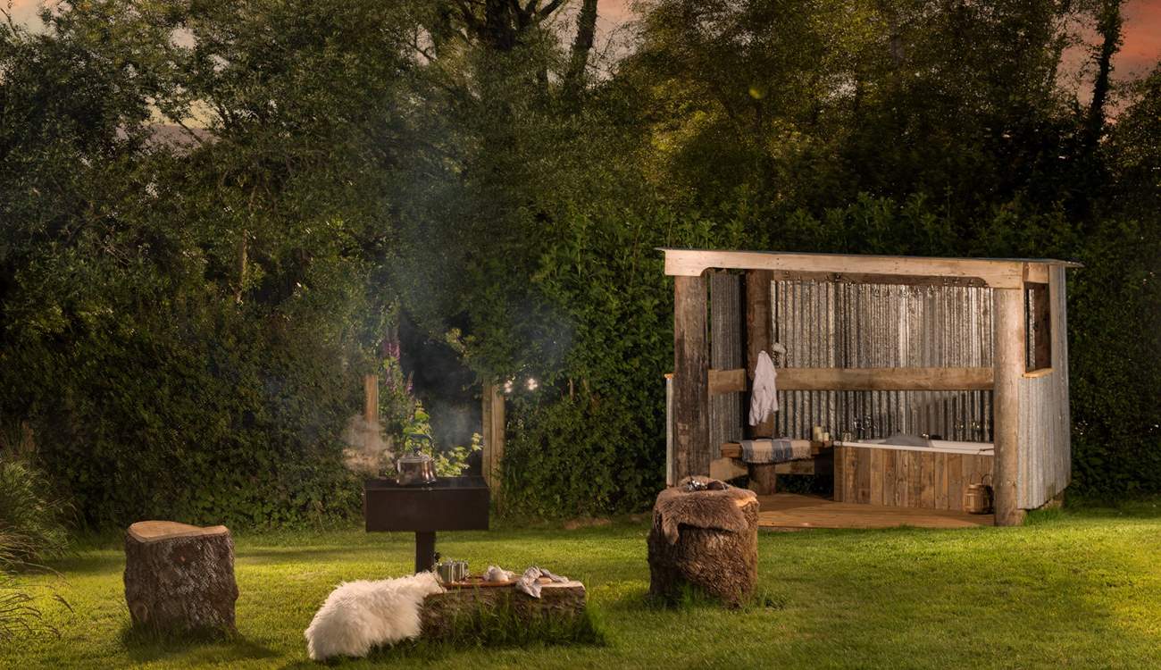 Retreat to the outdoor bath after a day of adventures.