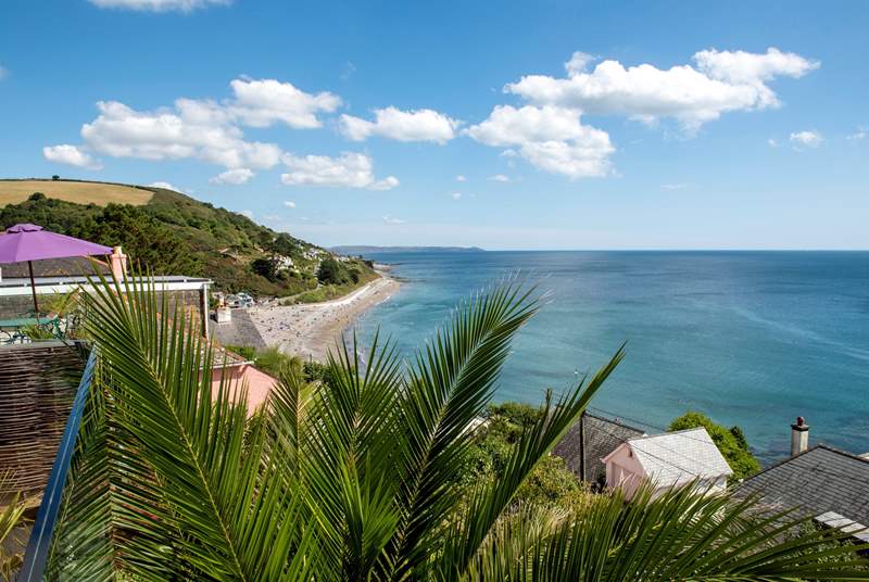 The beach in the village is just down the hill , you have a bird's eye view from the decking.