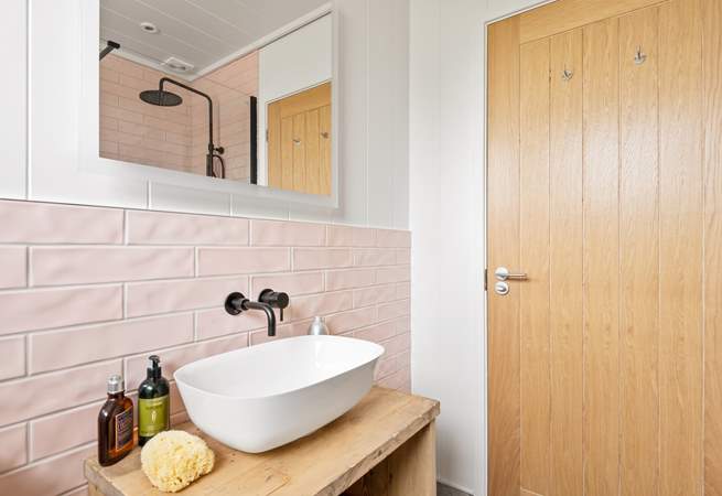 With pretty pink tiles.