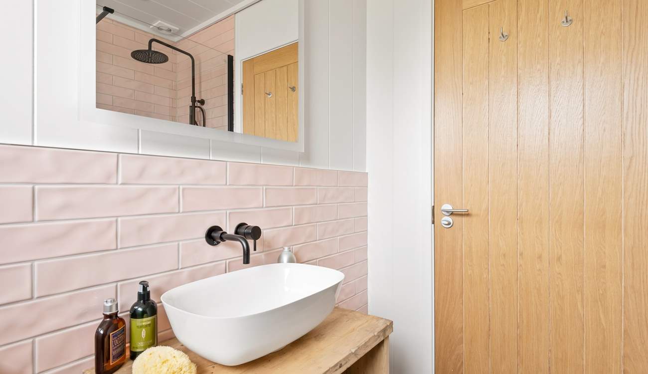 With pretty pink tiles.