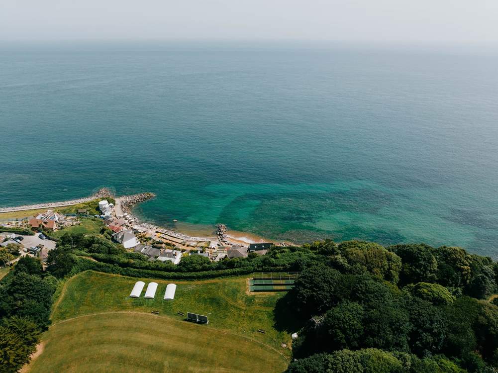 Aerial view of the cricket ground and Steephill Cove to the front of Sheldonia.