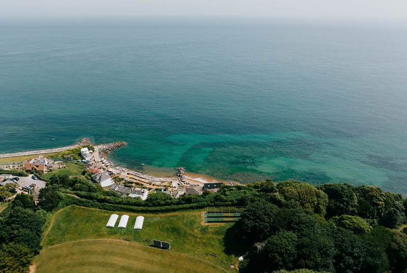 Aerial view of the cricket ground and Steephill Cove to the front of Sheldonia.