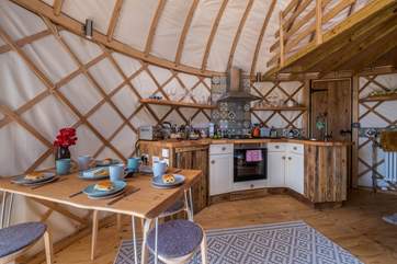 The kitchen is very well-equipped for a glamping abode.