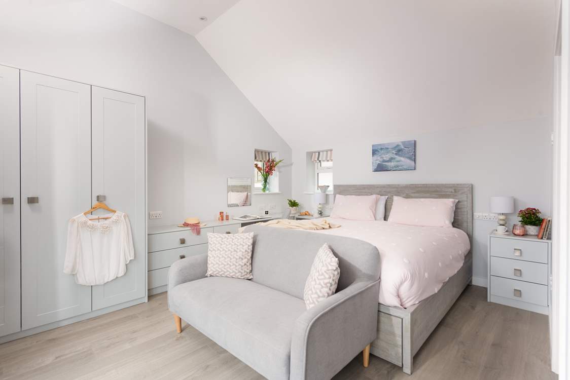 Gorgeous bedroom 1 has a super-king bed and an en suite shower-room. There is a step from the living-room into bedroom 1.