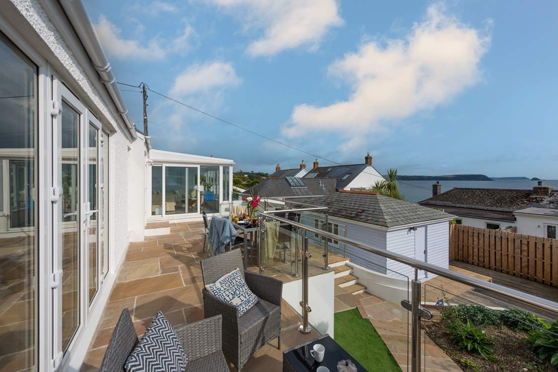 The fabulous patio is perfect for al fresco dining in the Cornish sunshine.