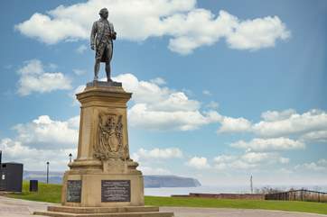 Captain Cook watches over Whitby harbour.