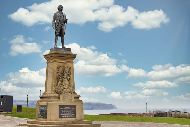 Captain Cook watches over Whitby harbour.