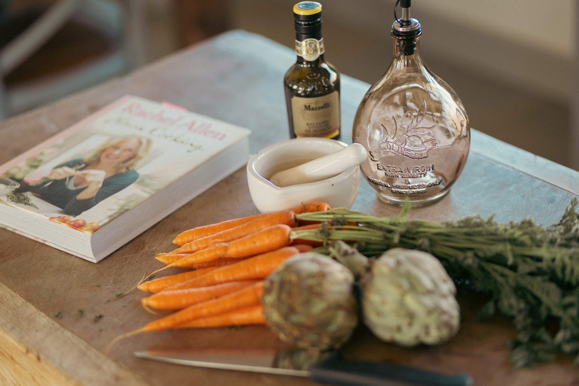 The vintage chopping block is perfect for preparing a culinary delight.