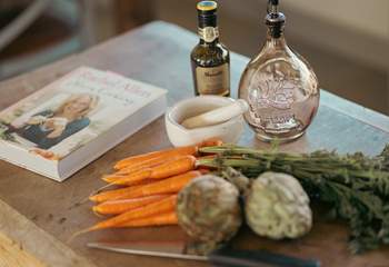 The vintage chopping block is perfect for preparing a culinary delight.